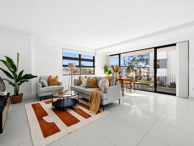 Contemporary apartment interior and balcony at North by St Malo in Lane Cove North