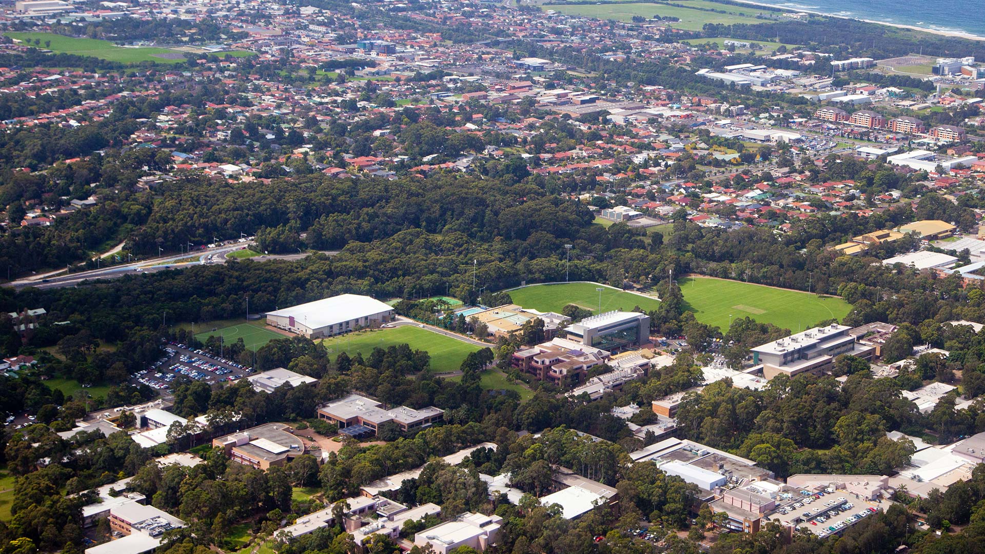 Aerial view of the University of Wollongong main campus